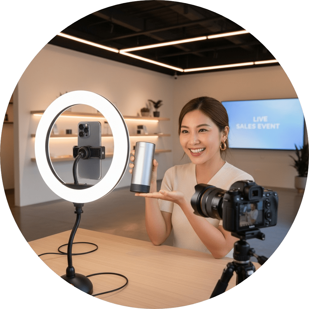 Personal Shopping & Livestream Skills for Professionals – Singaporean presenter showcasing a product.