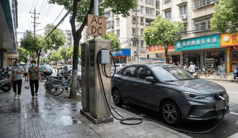EV technical training basics showing AC and DC charging stations in a real-world 2025 city setting