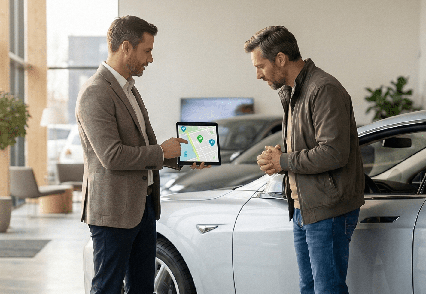 EV sales customer experience training in a modern dealership showroom consultation