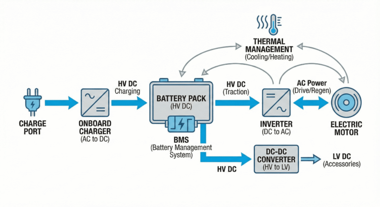 EV technical training basics diagram showing battery, inverter, motor, BMS, and charging components