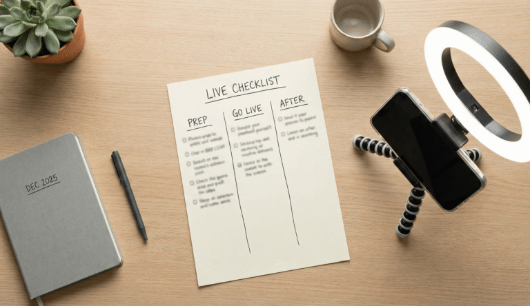 TikTok Shop livestream selling checklist shown as a printed prep list on a desk