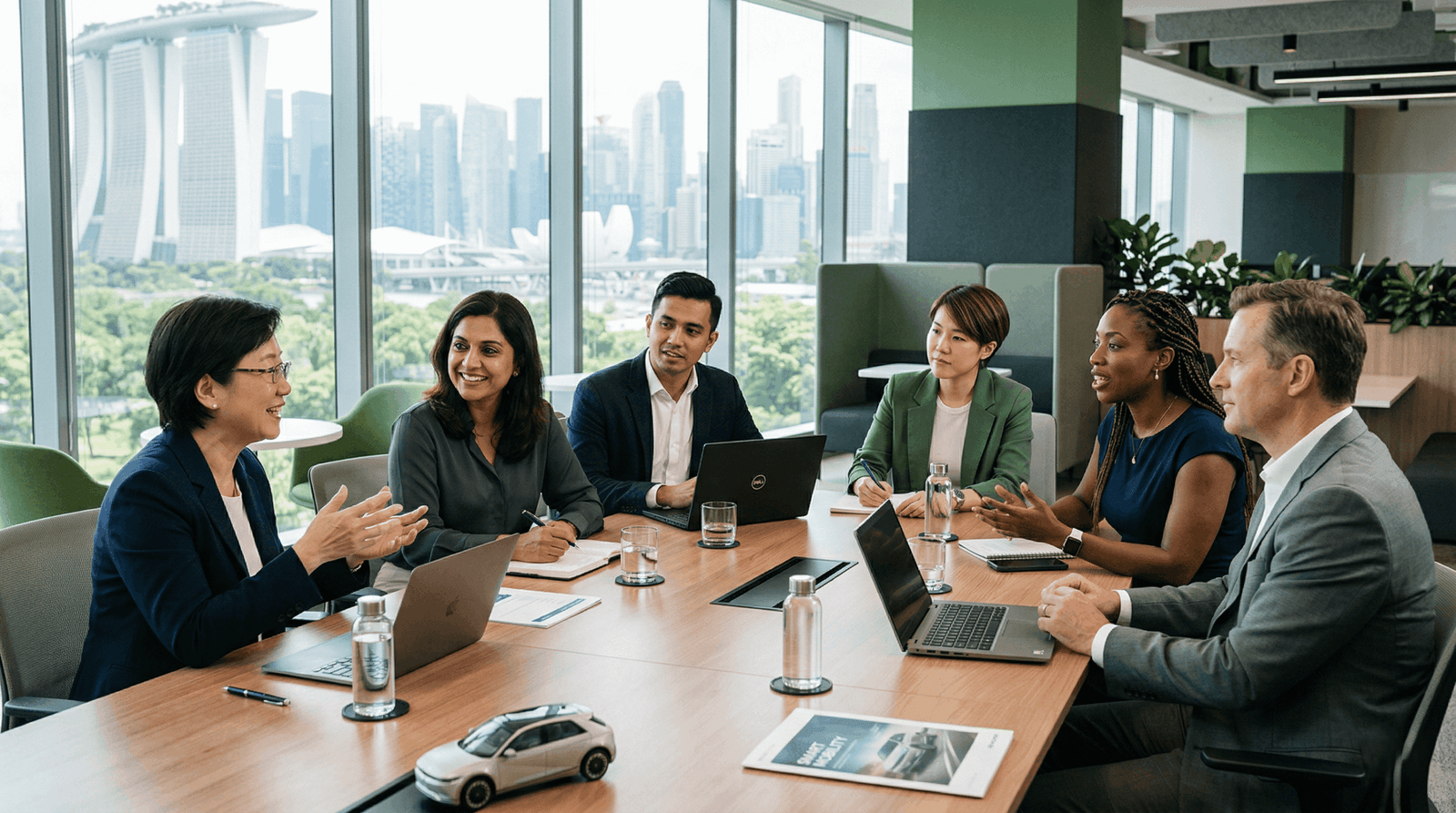 Diverse professionals in a modern Singapore office during a partnership meeting