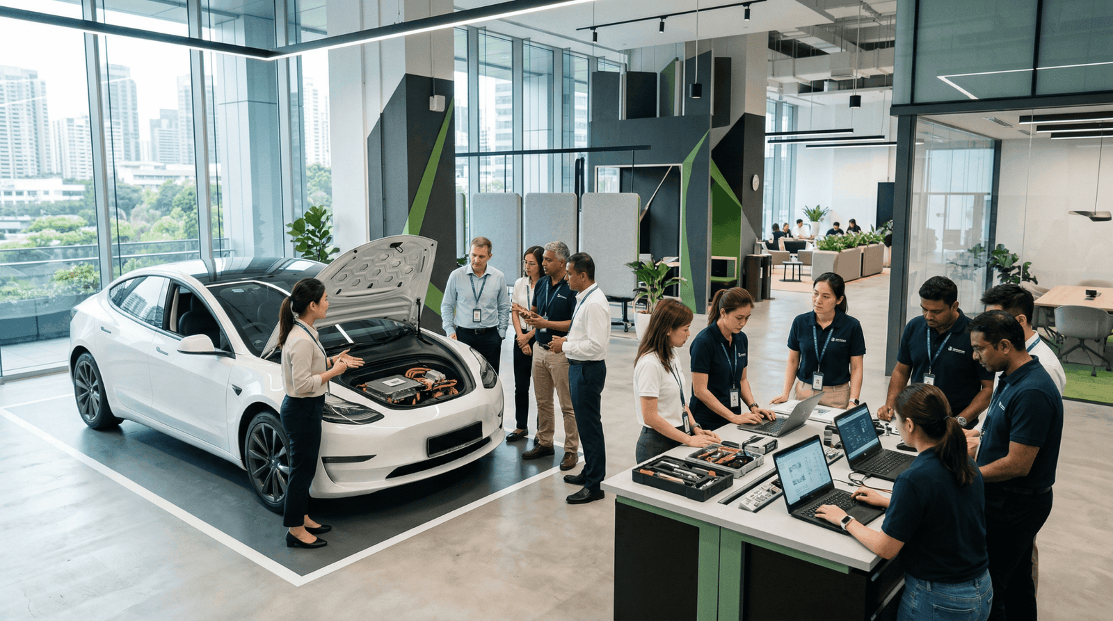 Professional learners in a modern EV and mobility training academy in Singapore