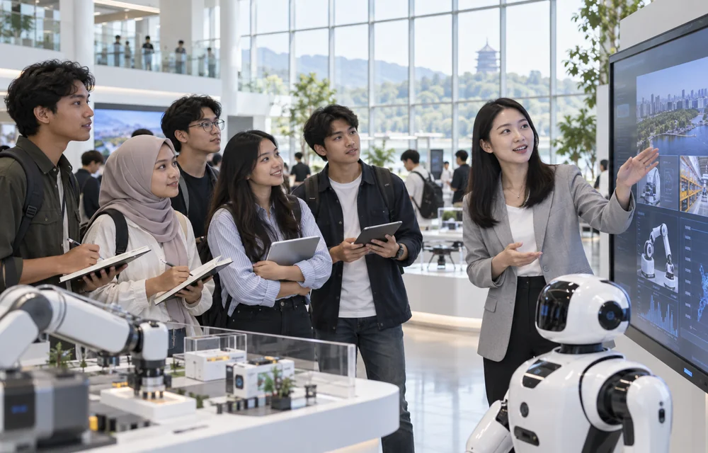 International students exploring AI and robotics in a Chinese innovation environment