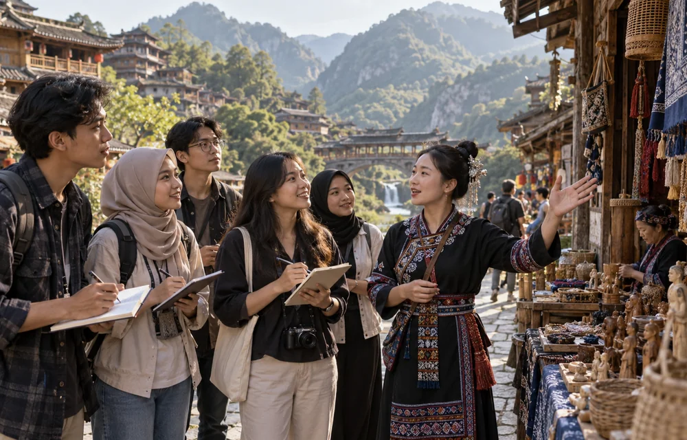 International students examining Chinese cultural entrepreneurship and local crafts