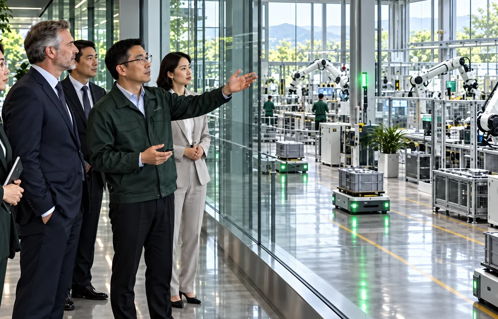 Business professionals studying automation in a Chinese smart manufacturing facility